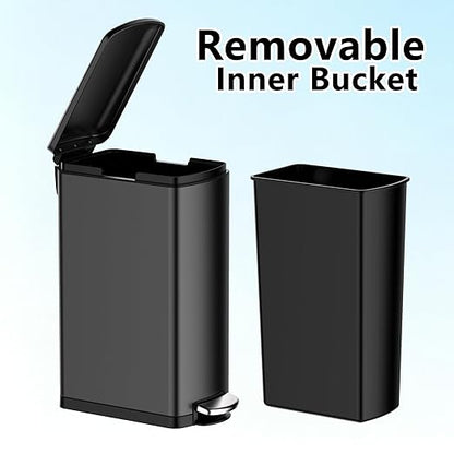 Garvee Slim Kitchen Trash Can 8 Gal, Skinny Stainless Steel Garbage Can with Removable Inner Bucket & Soft Close Lid, Narrow Trash Bin for Bathroom Living Room Office, Black