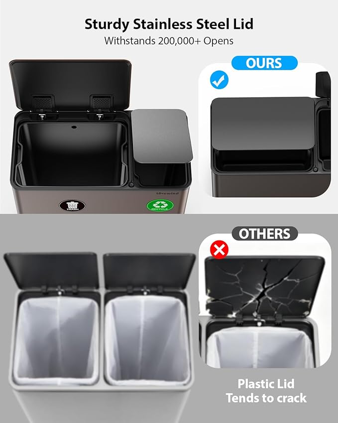Lovewind Dual Trash Can, 14 + 6 Gallon Garbage Can for Kitchen Dual Compartment Recycling Kitchen Step Trash Bin, Stainless Steel Trash and Recycle Bin Combo with Soft-Close Lid, Brown - Image 5