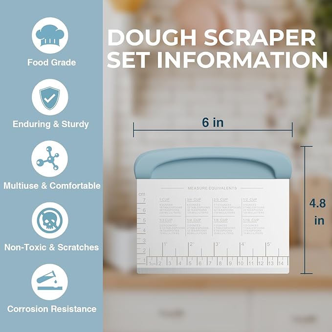 Bench Scraper Dough Cutter Tool - Pastry Scraper for Bread Cake Pizza, Bench Knife Kitchen Dough Scraper for Baking, Stainless Steel Food Scraper with Grip Handles & Measuring Scale, Blue - Image 3