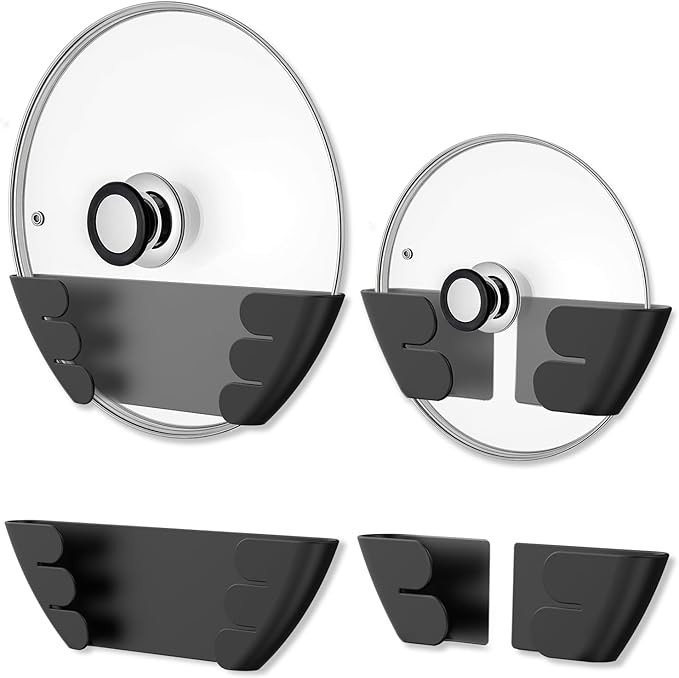 Universal Adjustable Pot Lid Holder Organizer for Cabinet - Upgraded Patented Niceyos 4 Pack Pan Lids Organizers Inside Cabinet Door Wall Mount Pots Top Rack for Kitchen Cupboard Fit 6" to 13" (Black) by NICEYOS