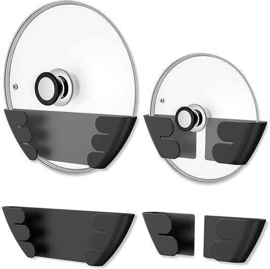 Universal Adjustable Pot Lid Holder Organizer for Cabinet - Upgraded Patented Niceyos 4 Pack Pan Lids Organizers Inside Cabinet Door Wall Mount Pots Top Rack for Kitchen Cupboard Fit 6" to 13" (Black) by NICEYOS