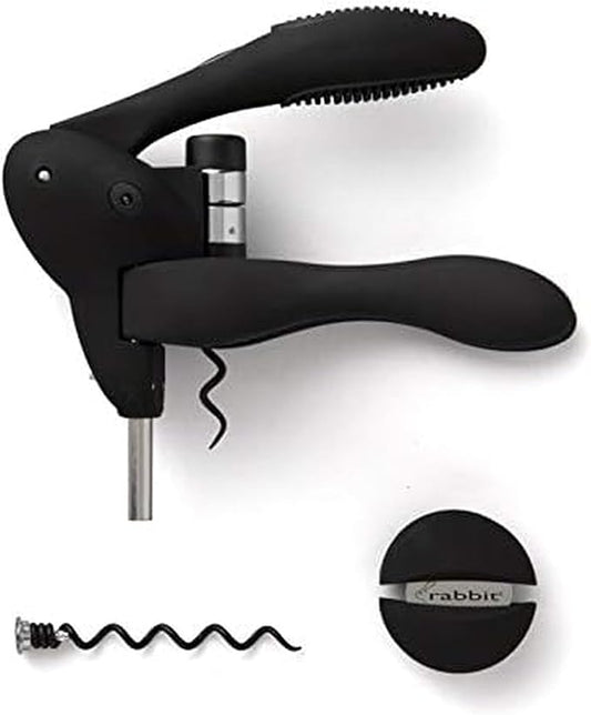 Rabbit W6004N Original Lever Corkscrew Wine Opener with Foil Cutter and Extra Spiral, Black Finish, Smooth Lever Action for Effortless Cork Removal