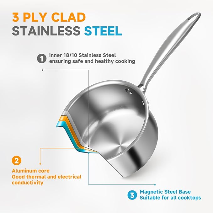 Ohtomber Stainless Steel Sauce Pan - Tri-Ply 1.5 Quarts Steamer for Cooking, Small Cooking Pot with Steamer Basket, Sauce Pan with Lid, Non Stick Saucepan, Induction Steam Pot for Vegetable, Oatmeal - Image 2