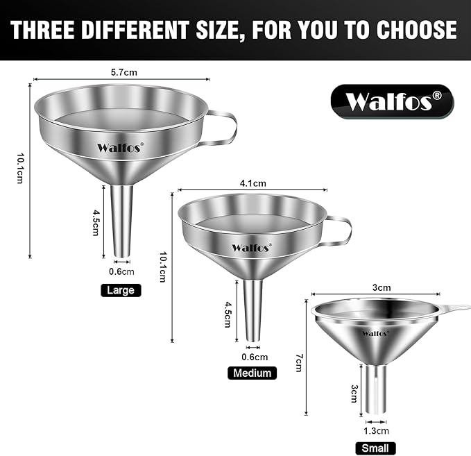 Stainless Steel Funnel, Walfos 3 Different Sizes of Kitchen funnels with 2 Removable Strainer ＆ 1Pcs Cleaning Brush, for Transferring of Liquid, Oils, Jam, Powder - Image 5
