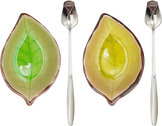 2 Pack Coffee Spoon and Leaf Rest Set, Ice Cracks Leaf Ladle Holder, Tea Spoon Rest for Kitchen Counter, Dining Table, Coffee Bar Teaspoon Rest with Spoon (Bright yellow and Grass green) by LYMOI
