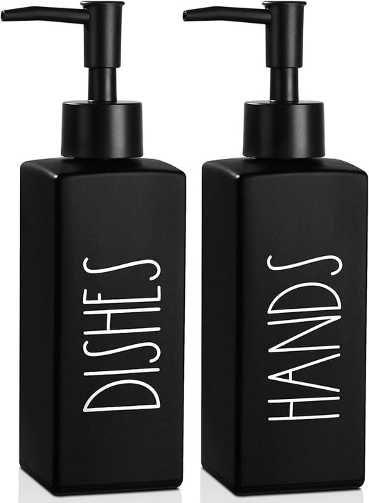 Hand and Dish Soap Dispenser Set, Matte Black Dish Dispenser Bottle for Kitchen, Glass Kitchen Soap Dispenser Set with Pump, Refillable Liquid Soap Bottle, Farmhouse Kitchen Decor, 12.3fl oz by RACOBOT