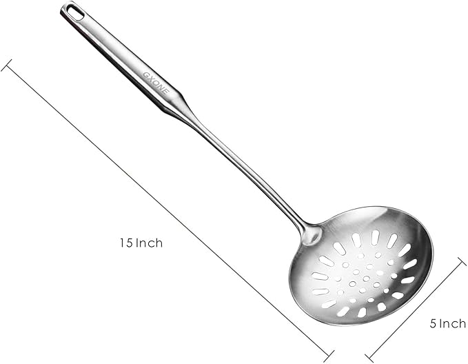 Skimmer Slotted Spoon,304 Stainless Steel Slotted Spoon, Handle Mesh Food Strainer Stainless Steel Colander with Hollow Handle Heat Resistant Cooking Tool,Silver/15.1Inch - Image 2