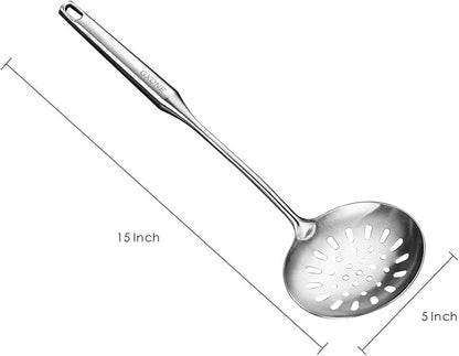 Skimmer Slotted Spoon,304 Stainless Steel Slotted Spoon, Handle Mesh Food Strainer Stainless Steel Colander with Hollow Handle Heat Resistant Cooking Tool,Silver/15.1Inch - Image 2