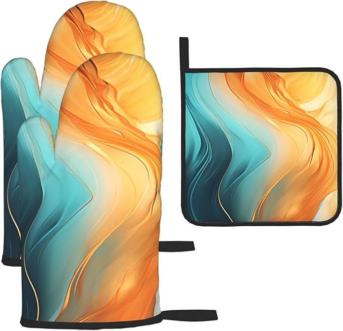 Orange Teal Marble Oven Mitts and Pot Holders Sets of 3 Kitchen Hot Pads Modern Oven Gloves Heat Resistant Washable for Cooking Grilling Baking Holiday Kitchen Decor by Unknown