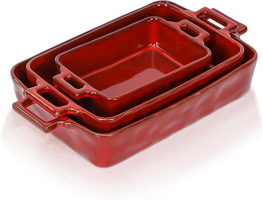 VICRAYS Ceramic Bakeware Set, Porcelain Rectangular Baking Dish, Baking Pan Lasagna Pans Casserole Dish Set for Cooking, Kitchen, Cake Dinner, Banquet, 3 PCS, 15 x 8.5 Inches (Cherry Red) by VicraysCeramic