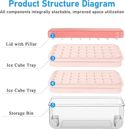 Ice Cube Tray with Lid and Bin, 64 pcs Ice Tray Kit with Ice Scoop, Ice Cube Pop Out Tray, Ice Cube Trays for Freezer, Ice Cube Molds, BPA Free, Easy Release Stackble Spill-Resistant ZZWILLB (Pink)