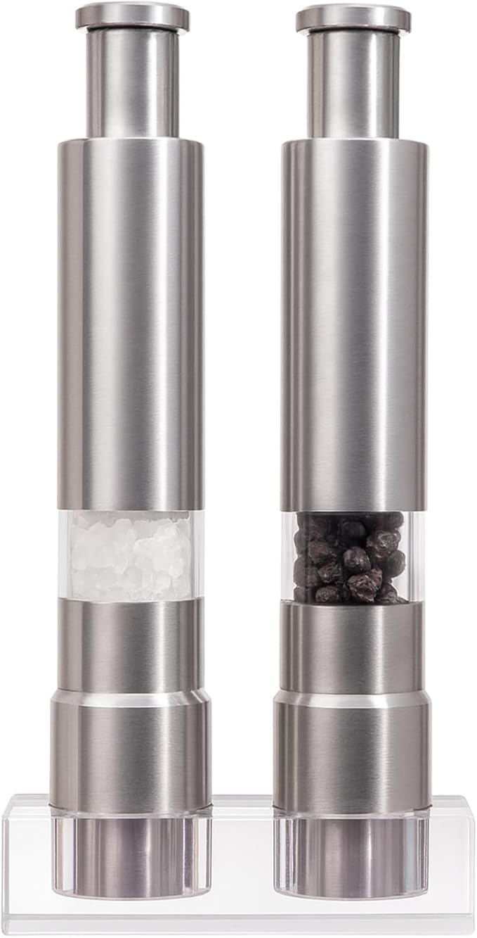 Salt and Pepper Grinder Set, Pump & Grind Peppermill, 2 Refillable Stainless Steel Mills with Thumb Press, One-Handed Salt and Pepper Grinder with Clear Acrylic Stand for Kitchen and Dining by Halibxion