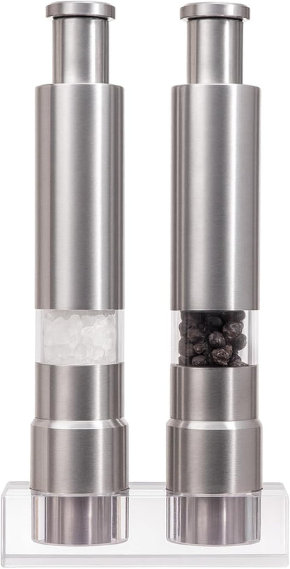 Salt and Pepper Grinder Set, Pump & Grind Peppermill, 2 Refillable Stainless Steel Mills with Thumb Press, One-Handed Salt and Pepper Grinder with Clear Acrylic Stand for Kitchen and Dining by Halibxion
