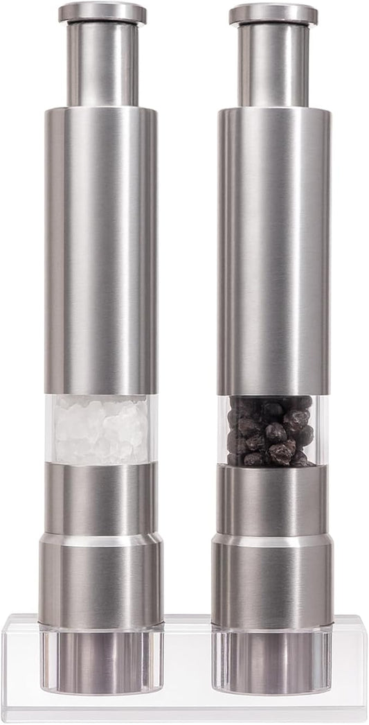Salt and Pepper Grinder Set, Pump & Grind Peppermill, 2 Refillable Stainless Steel Mills with Thumb Press, One-Handed Salt and Pepper Grinder with Clear Acrylic Stand for Kitchen and Dining by Halibxion