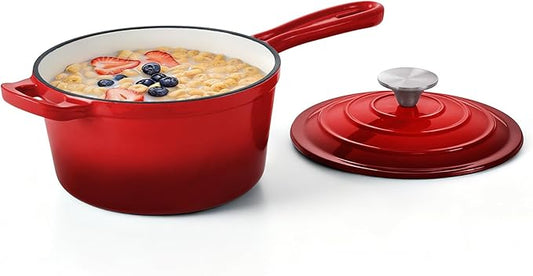 Homikit Small Sauce Pan with Lid, 2QT Enameled Cast Iron Saucepan, Enamel Cast Iron Sauce Cooking Pot Dutch Oven Kitchen Cookware for Making Pasta, Boiling Soup, Warming Milk, Red