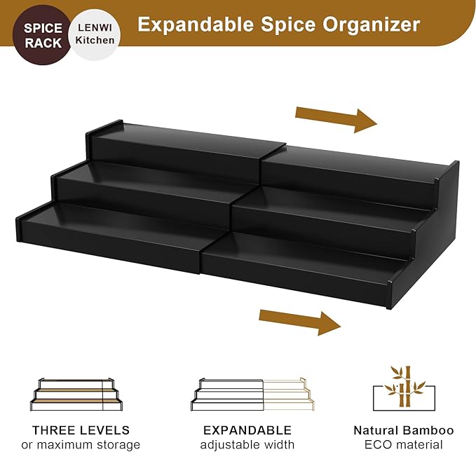 Lenwi Spice Rack Organizer for Cabinet 2 Pack, 3 Tier Expandable Bamboo Spice Storage for Kitchen Cupboard Pantry, Black - Image 4