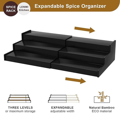 Lenwi Spice Rack Organizer for Cabinet 2 Pack, 3 Tier Expandable Bamboo Spice Storage for Kitchen Cupboard Pantry, Black - Image 4