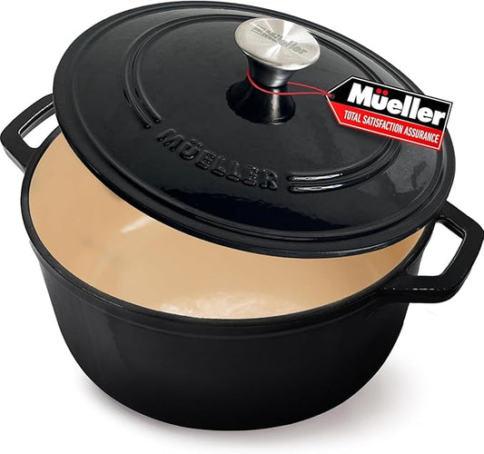 MUELLER HOME 4.5 QT Enameled Cast Iron Dutch Oven, Heavy-Duty Casserole Dish and Braiser Pan with Lid and Stainless Knob, Oven-Safe up to 500° F & Across All Cooktops, Black by MUELLERHOME