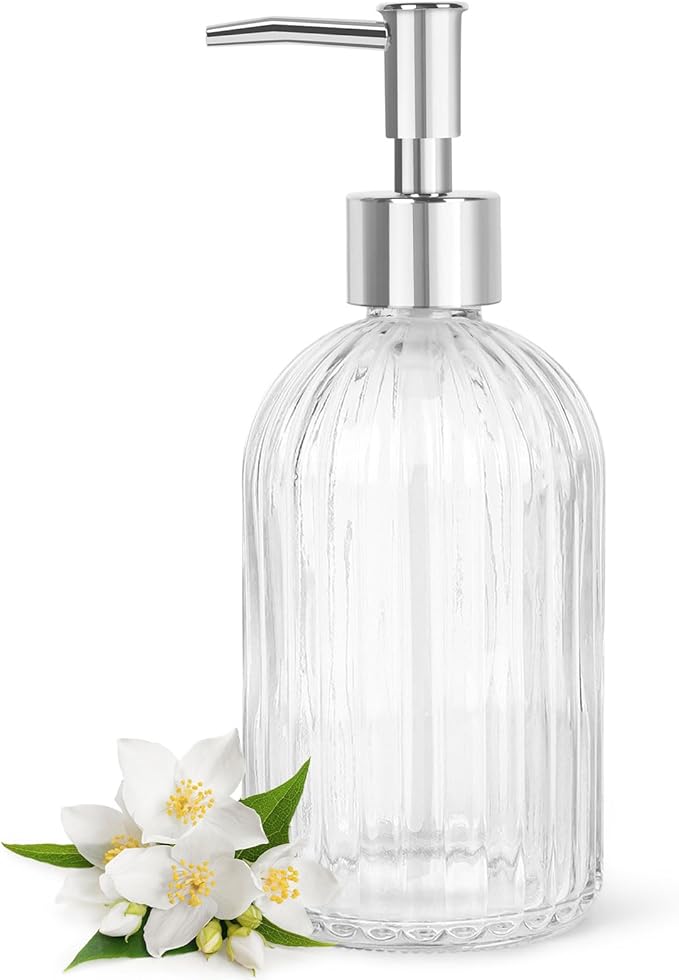 Topsky Stripe Glass Soap Dispenser with Plastic Pump, 400ml Liquid Hand Soap Dispenser, Rustproof Pump for Kitchen & Bathroom, Great for Lotions, Essential Oil, Liquid Soaps,Transparent by HomeandKitchenNO1