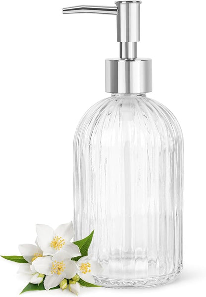 Topsky Stripe Glass Soap Dispenser with Plastic Pump, 400ml Liquid Hand Soap Dispenser, Rustproof Pump for Kitchen & Bathroom, Great for Lotions, Essential Oil, Liquid Soaps,Transparent by HomeandKitchenNO1