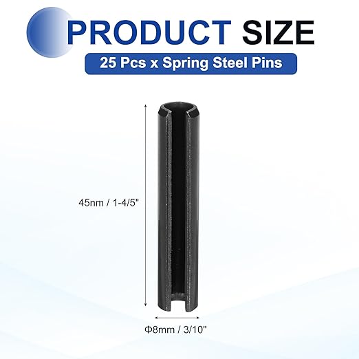 MECCANIXITY 25Pcs Slotted Split Roll Pins 3/10 Inch(8mm) Dia. 1-4/5 Inch(45mm) Length 65Mn Steel Spring Tension Expansion Dowels for Secure Fastening, Black