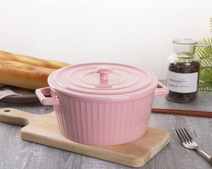 WHJY Pink Ceramic Casserole Dish with Lid，1 Quart Ceramic Casserole Pan for Bakeware Oven