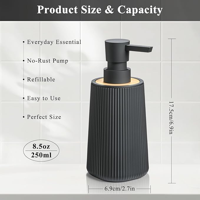 Black Hand Soap Dispenser Set with Bamboo Decor and No Rust Pump for Bathroom and Kitchen Countertops Refillable Striped Matte Plastic 8.5 oz
