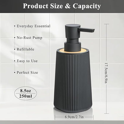 Black Hand Soap Dispenser Set with Bamboo Decor and No Rust Pump for Bathroom and Kitchen Countertops Refillable Striped Matte Plastic 8.5 oz