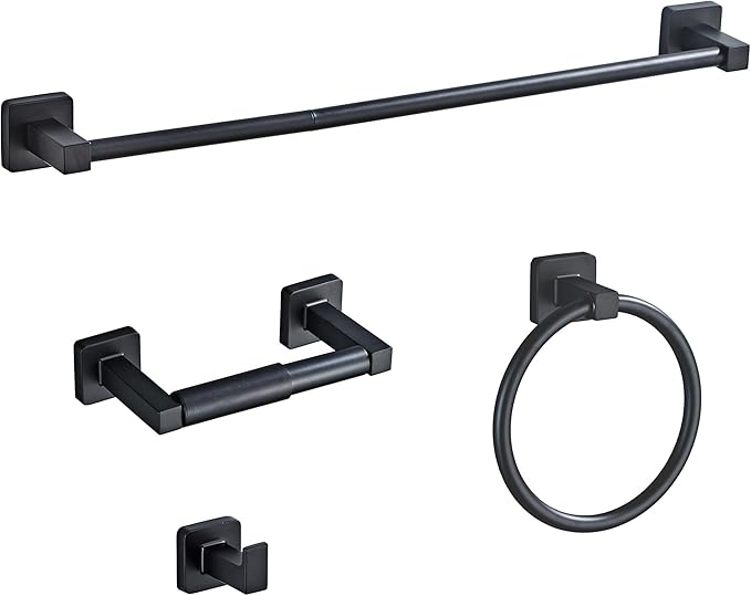 Matte Black Bathroom Hardware Set 4 Pieces,Bathroom Accessories Set Stainless Steel Wall Mounted, Hand Towel Bar, Towel Ring, Robe Towel Hooks,Toilet Paper Holder,Towel Bar Set, 23.6 Inch by bluebyrne