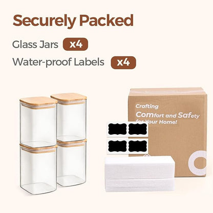 ComSaf Glass Storage Containers with Lids, 1.2 Qt Glass Jars with Lids, Clear Food Storage Jar, Canister For Pantry Cookie Flour Cereal Rice Sugar Tea Coffee Beans Spice, Square Set of 4 - Image 8