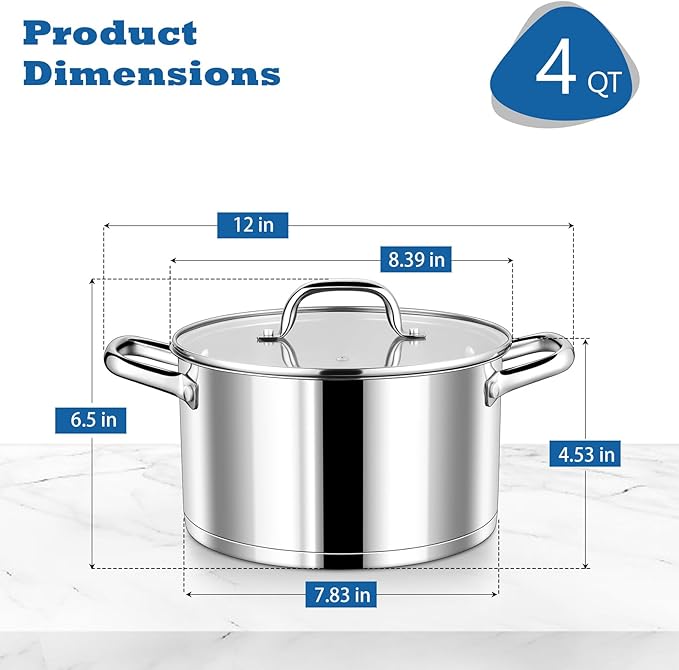 P&P CHEF 4 Quarts Cooking Stock Pot with Lid, Stainless Steel Stockpot Induction Pot for Soup, Tri-Ply Bottom & Clear Glass Lid & Double Handle, Dishwasher Safe - Image 2
