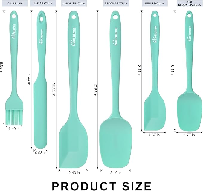 NileHome Silicone Spatula Set, 6 Pcs Food Grade Kitchen Utensils with Silicone Brush Heat Resistant Dishwasher Safe BPA-Free Rubber Spatula for Scraping, Baking, Cooking, Mixing, Turquoise - Image 2
