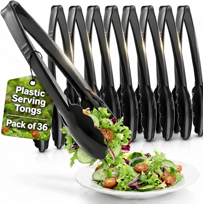 Plastic Tongs for Serving (Pack of 36) 9 Inch - Heavy-Duty Hard Plastic Reusable or Disposable Serving Tongs for Catering, Dinner Parties, Banquets, Buffets, Events, Weddings and Everyday Use, Black by JoyServe