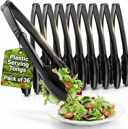Plastic Tongs for Serving (Pack of 36) 9 Inch - Heavy-Duty Hard Plastic Reusable or Disposable Serving Tongs for Catering, Dinner Parties, Banquets, Buffets, Events, Weddings and Everyday Use, Black by JoyServe