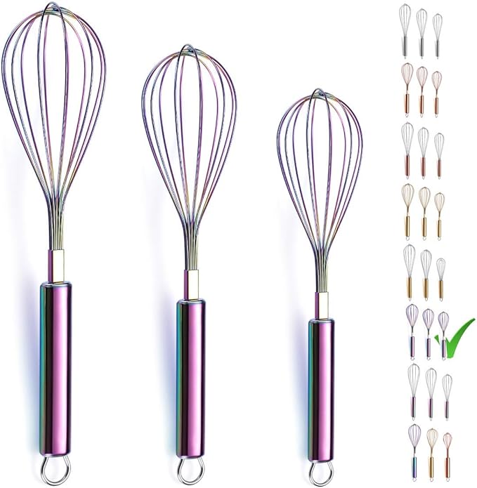 Berglander Rainbow Whisk Pack of 3 Stainless Steel 8",10",12", Titianium Plating Colorful Whisk for Cooking, Beater,Wire Whisk Set Kitchen Wisk (Rainbow) by Berglander
