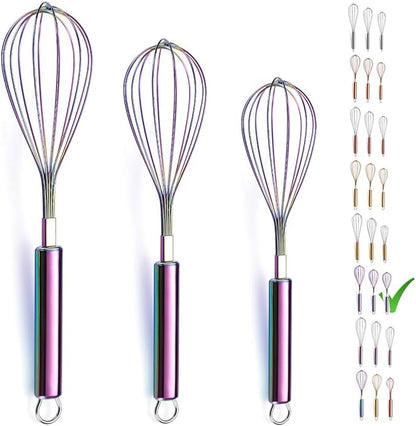 Berglander Rainbow Whisk Pack of 3 Stainless Steel 8",10",12", Titianium Plating Colorful Whisk for Cooking, Beater,Wire Whisk Set Kitchen Wisk (Rainbow) by Berglander