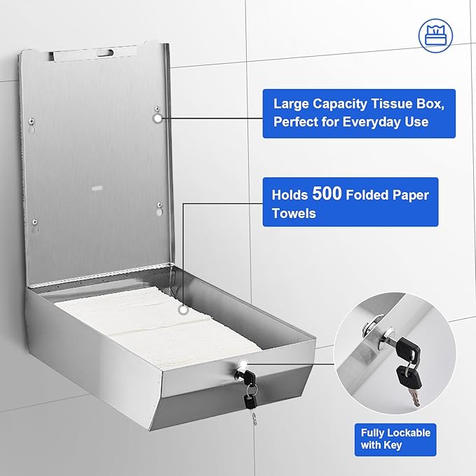 Commercial Paper Towel Dispenser Wall Mount, Stainless Steel C-Fold Multifold Trifold Holder with Lock, Large Capacity for Bathroom Kitchen Office Restaurant Industrial