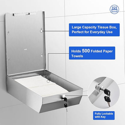 Commercial Paper Towel Dispenser Wall Mount, Stainless Steel C-Fold Multifold Trifold Holder with Lock, Large Capacity for Bathroom Kitchen Office Restaurant Industrial
