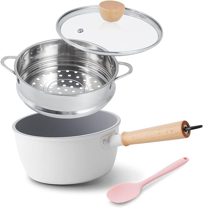 ROCKURWOK Ceramic Nonstick Sauce Pan with Lid, 2 Quart Cooking Pot, Small Saucepan with Steamer, PTFE & PFAS-Free, Wooden Handle for Cool Touch, Universal Base(Gas, Electric & Induction), White by ROCKURWOK