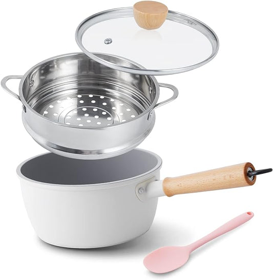ROCKURWOK Ceramic Nonstick Sauce Pan with Lid, 2 Quart Cooking Pot, Small Saucepan with Steamer, PTFE & PFAS-Free, Wooden Handle for Cool Touch, Universal Base(Gas, Electric & Induction), White by ROCKURWOK