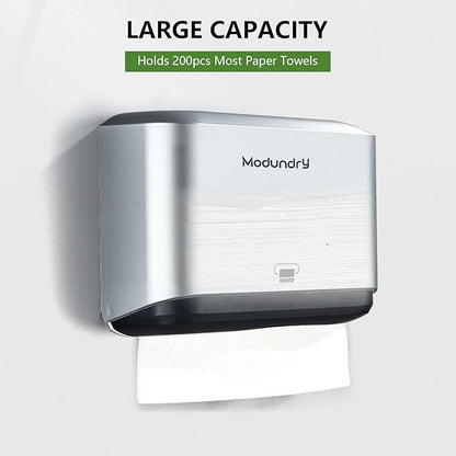 Wall Mount Paper Towel Dispenser, Multifold Hand Towel Dispenser with Smart Lock, Adhesive No-Drill or Screw Install, Holds 200 Towels for Bathroom, Restroom, Office, Kitchen & Home, Sliver