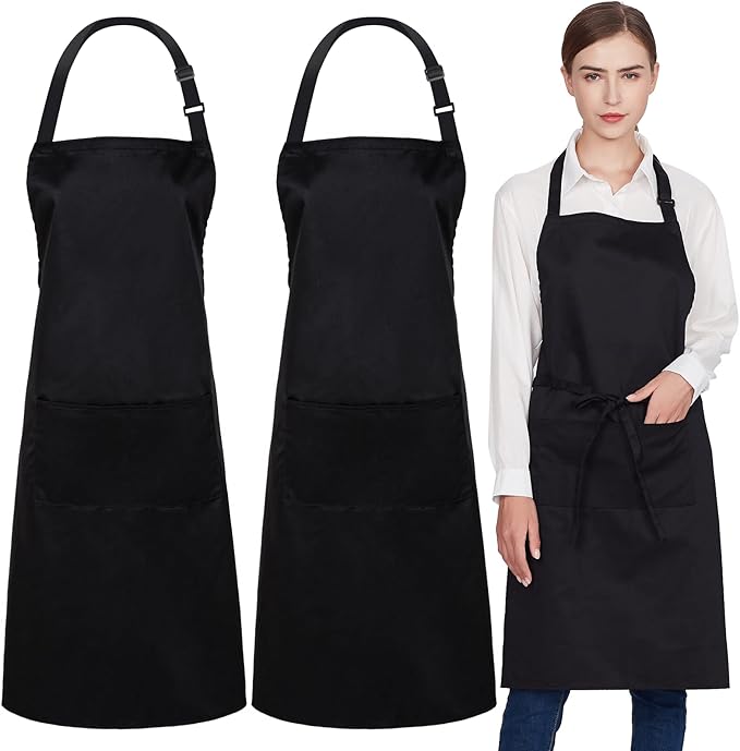 Jubatus 2 Pack 100% Cotton Aprons with 2 Pockets Cooking Chef Kitchen Adjustable Bib Apron for Women Men, Black by Jubatus