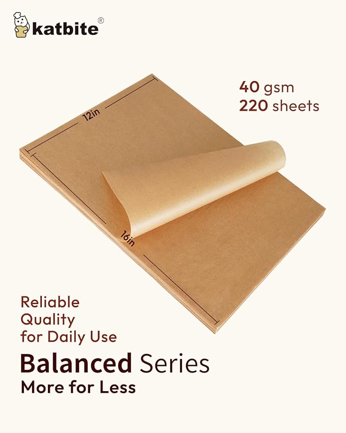Katbite 220 Pcs Parchment Paper Sheets, 12x16 Inches Unbleached Baking Paper Non-Stick for Gently Baking, Pre-cut Parchment Paper Suitable for Baking, Cooking,Air Fryer [Balanced Series] - Image 2