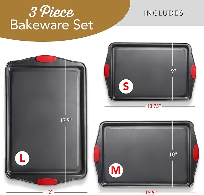Baking Sheet Set, 3-Piece Cookie Sheet Set with Silicone Handles, Steel Baking Pans Set, Durable Baking Sheets for Oven, BPA Free Cookie Sheets for Baking Nonstick Set, Sheet Pan - Black Baking Pan - Image 2