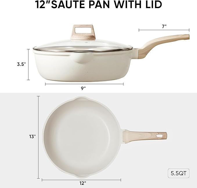 CAROTE 12Inch Nonstick Deep Frying Pan with Lid, 5.5 Qt Jumbo Cooker Saute Pan with Pour Spout, Skillet Induction Cookware, Non Stick Cooking Pan Kitchen Pan PFOA Free, White Granite - Image 2