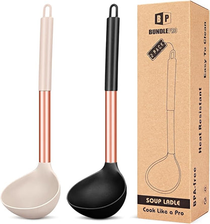 Pack of 2 Ladle Spoon,Silicone Large Spoon for Soup,Non Stick Kitchen Utensils with High Heat Resistant,BPA Free Perfect Kitchen Tools for Cooking, Stirring,Serving Soups (ROSE GOLD BLACK-KHAKI) by BUNDLEPRO