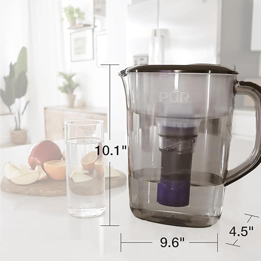 PUR Plus 7-Cup Water Filter Pitcher, Cleaner, Great-Tasting Water, Dishwasher Safe, Powerful, Lead-Reducing Filtration, LockFit Cap Design, Smoke