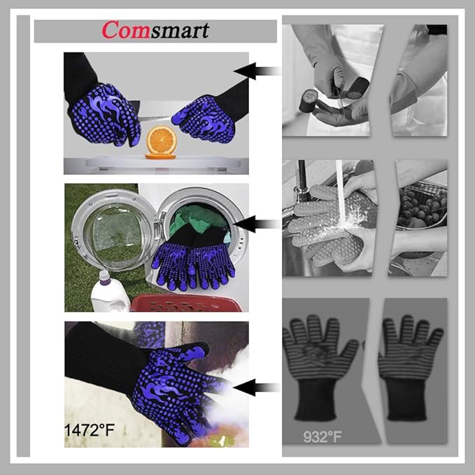 Comsmart BBQ Gloves, 1472F Heat Resistant Silicone Non-Slip Oven Mitts, Long Kitchen Gloves Perfect for Grilling, Cooking, Baking, Cutting, Blue - Image 5