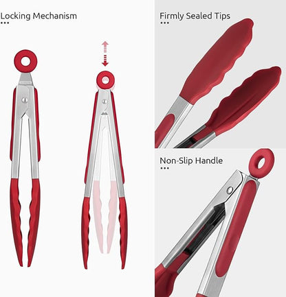 600ºF Heat Resistant Kitchen Tong: U-Taste 7 inch Silicone Cooking Tong with Firm Sealed Non Stick Rubber Tips & Silicon Coated 18/8 Stainless Steel Handle & Smooth Locking for Serving Salad (Red) - Image 6