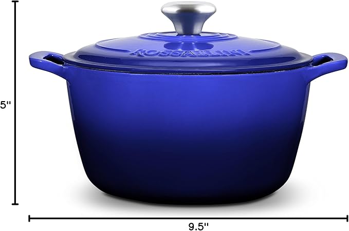 ROSSALLINI Signature Enameled Cast Iron Dutch Oven, Non-Stick Serving Pot with Tight Fitting Lid for Perfect Roasting, Baking, Sauteing, and Bread Making | 5.5Q (5.2L) - Indigo Blue